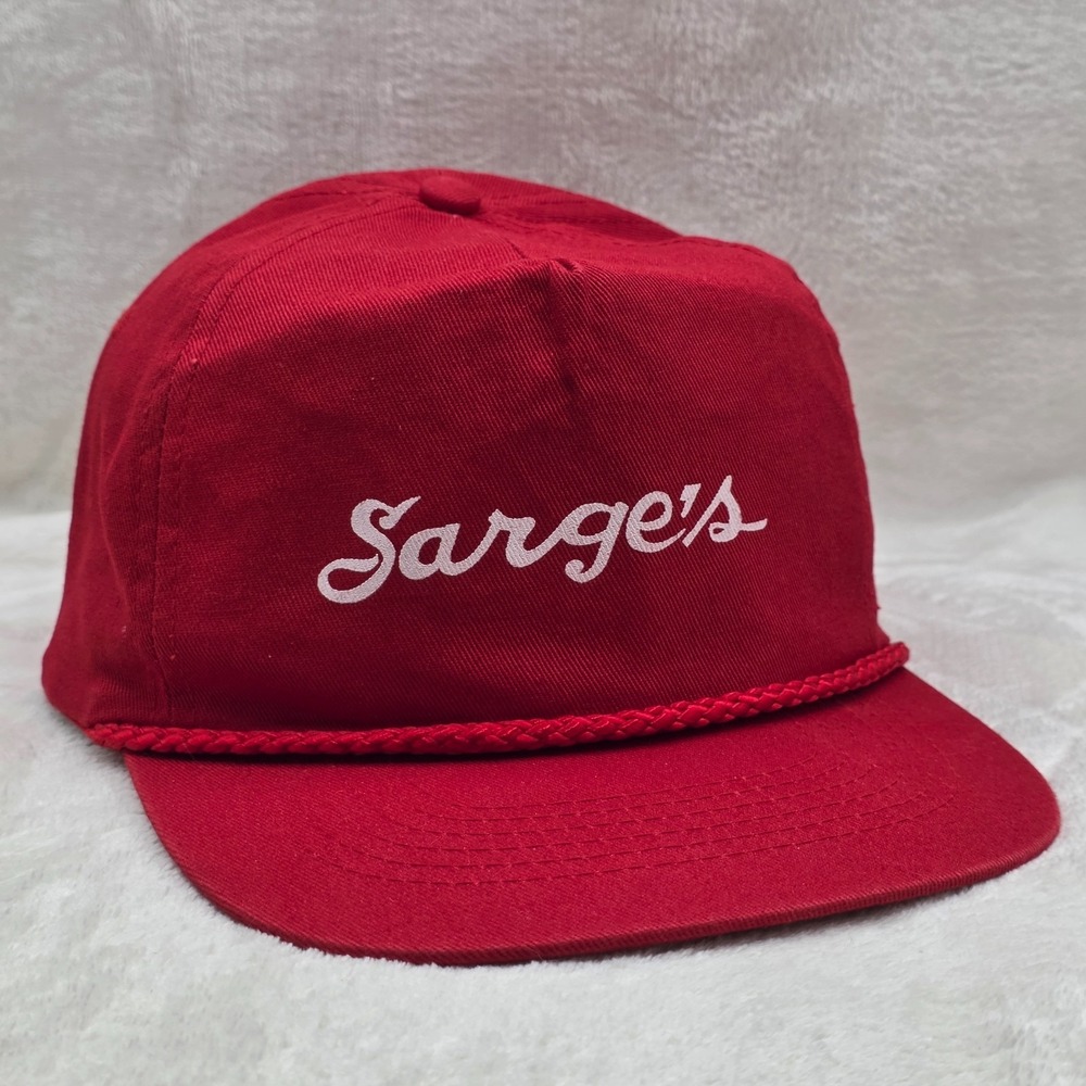 VINTAGE Rope Trucker Hat Cap Sarges Snap Back Red‎ Script Logo Front Mens Retro